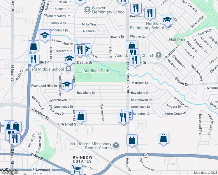 map of restaurants, bars, coffee shops, grocery stores, and more near 1206 Rosewood Hills Dr in Garland