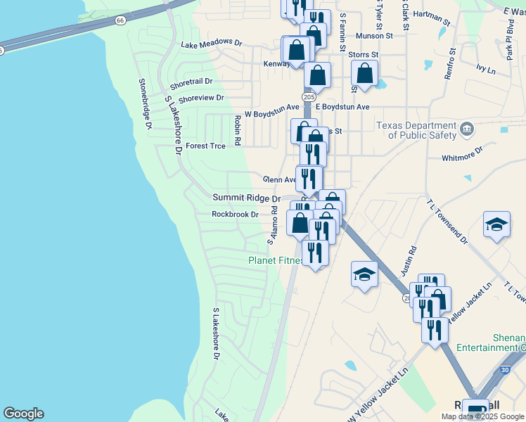 map of restaurants, bars, coffee shops, grocery stores, and more near 206 Rockbrook Drive in Rockwall