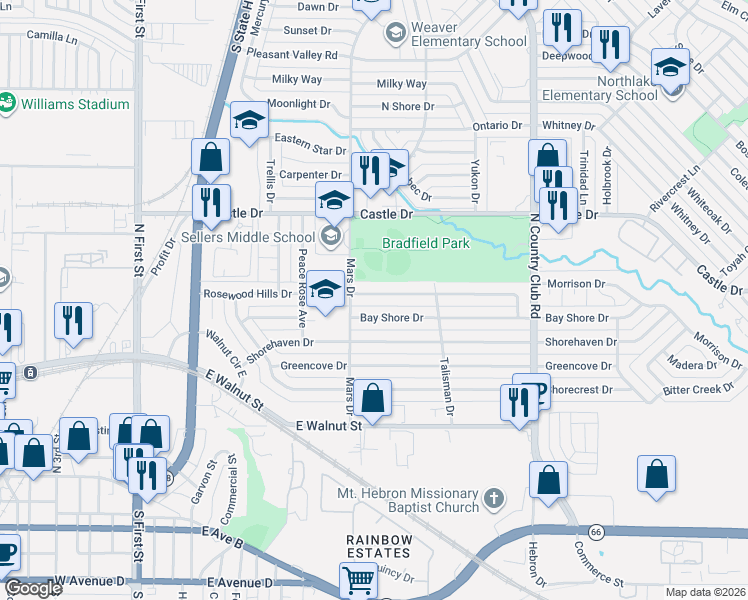 map of restaurants, bars, coffee shops, grocery stores, and more near 810 Rosewood Hills Drive in Garland