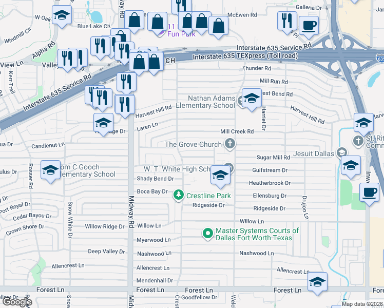 map of restaurants, bars, coffee shops, grocery stores, and more near 4443 Sugar Mill Road in Dallas