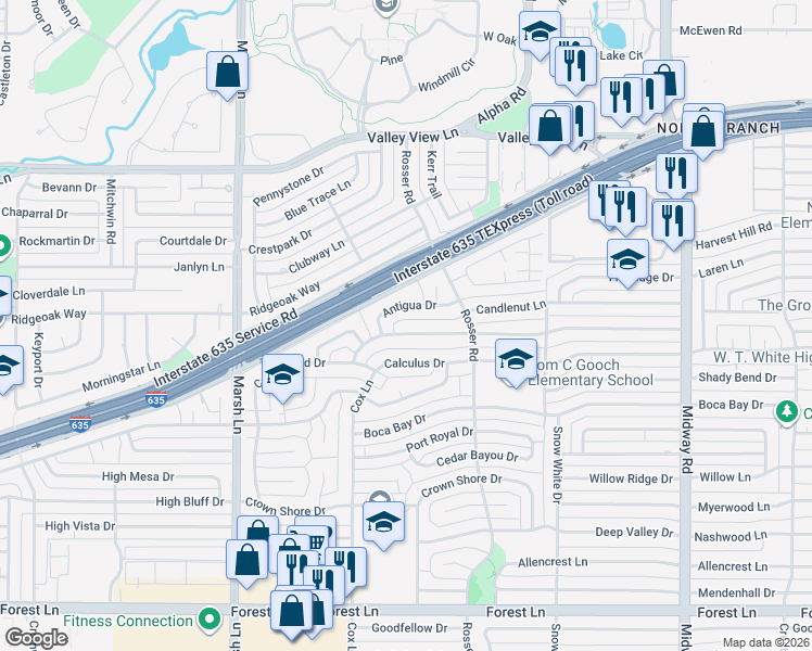 map of restaurants, bars, coffee shops, grocery stores, and more near 3927 High Summit Drive in Dallas