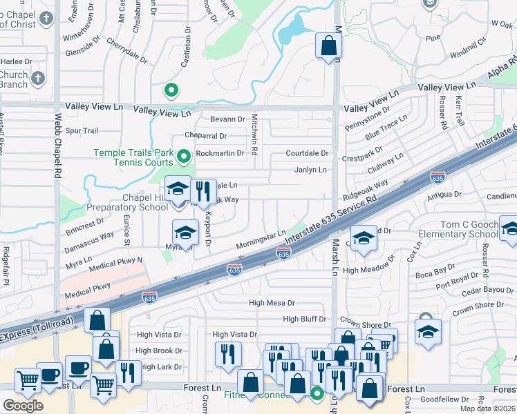 map of restaurants, bars, coffee shops, grocery stores, and more near 3474 Goldendale Drive in Farmers Branch