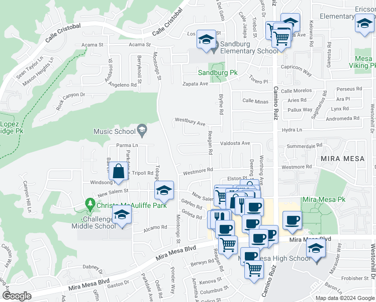 map of restaurants, bars, coffee shops, grocery stores, and more near 7946 Peach Point Avenue in San Diego