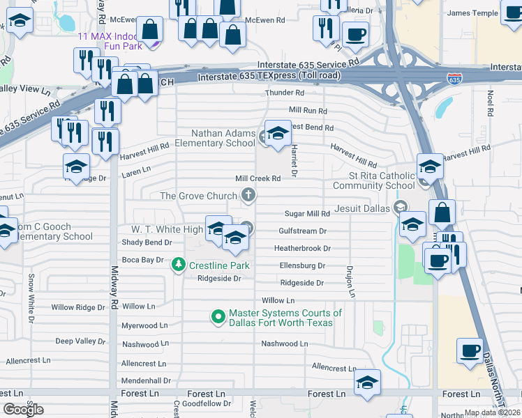 map of restaurants, bars, coffee shops, grocery stores, and more near 4605 Sugar Mill Road in Dallas