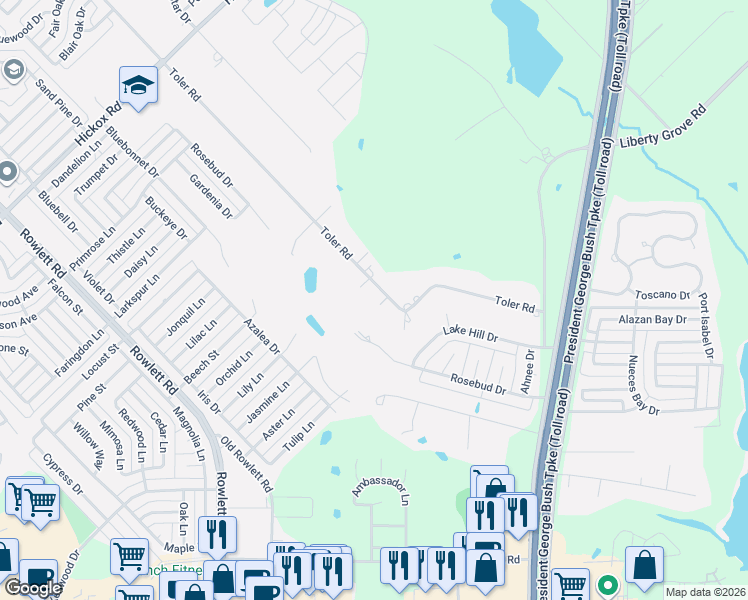 map of restaurants, bars, coffee shops, grocery stores, and more near 4202 Toler Road in Rowlett
