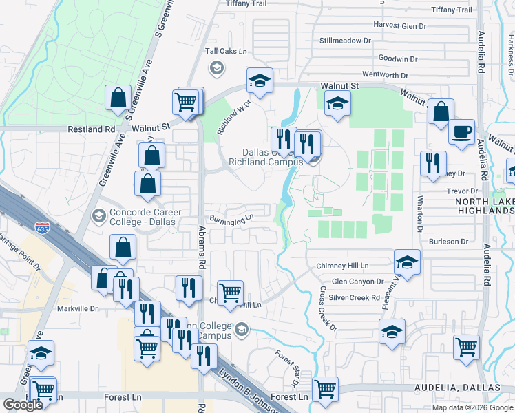 map of restaurants, bars, coffee shops, grocery stores, and more near 13136 Woodbend Lane in Dallas