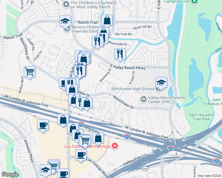 map of restaurants, bars, coffee shops, grocery stores, and more near 8103 Locust Street in Irving