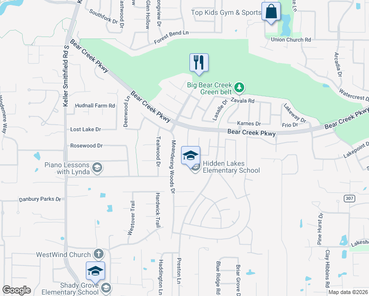 map of restaurants, bars, coffee shops, grocery stores, and more near 802 Hidden Woods Drive in Keller