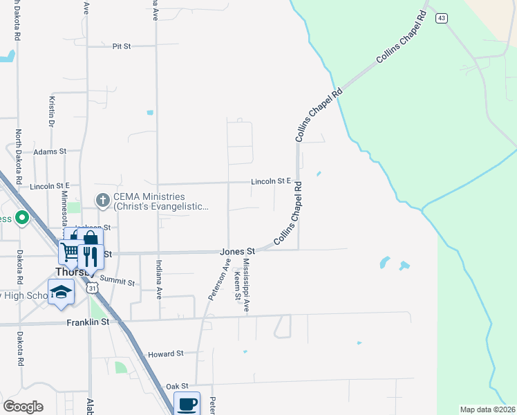 map of restaurants, bars, coffee shops, grocery stores, and more near 199 Crumpton St in Thorsby