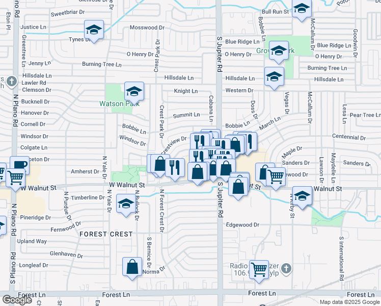 map of restaurants, bars, coffee shops, grocery stores, and more near 3606 Lariat Lane in Garland