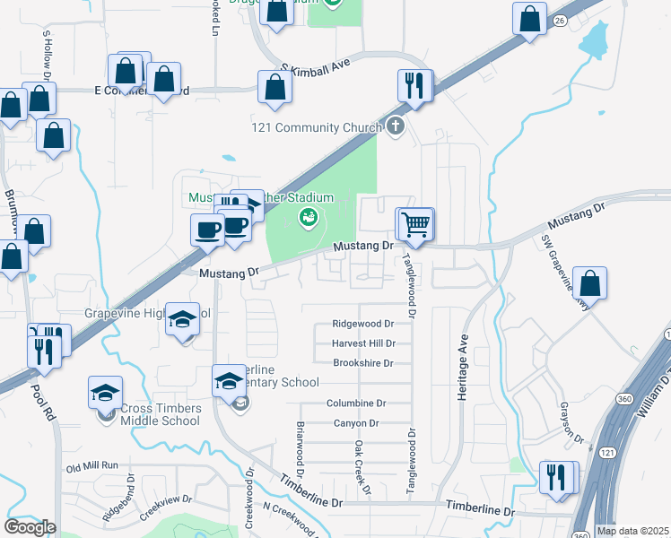 map of restaurants, bars, coffee shops, grocery stores, and more near 3031 Mustang Drive in Grapevine