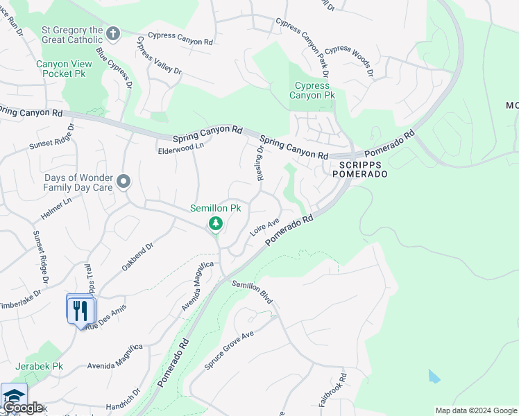 map of restaurants, bars, coffee shops, grocery stores, and more near 12216 Riesling Court in San Diego