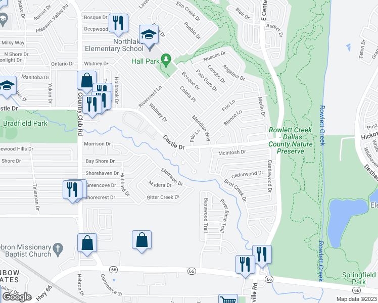 map of restaurants, bars, coffee shops, grocery stores, and more near 602 Thornhill Lane in Garland