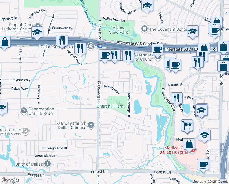 map of restaurants, bars, coffee shops, grocery stores, and more near 6910 Hill Park Drive in Dallas