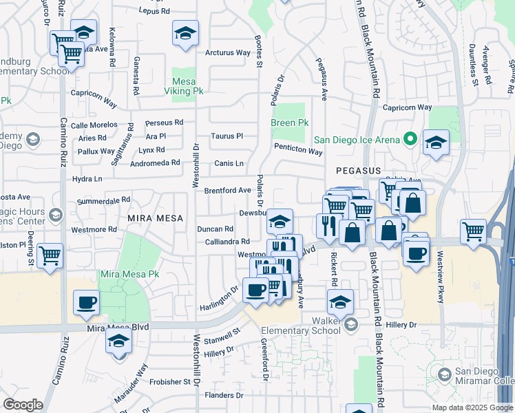 map of restaurants, bars, coffee shops, grocery stores, and more near 10950 Polaris Drive in San Diego