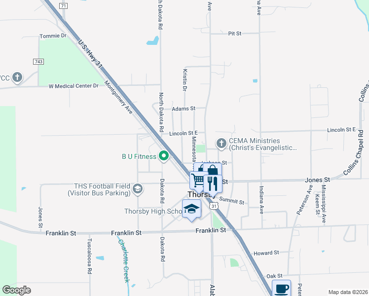 map of restaurants, bars, coffee shops, grocery stores, and more near 93 Montana Avenue in Thorsby