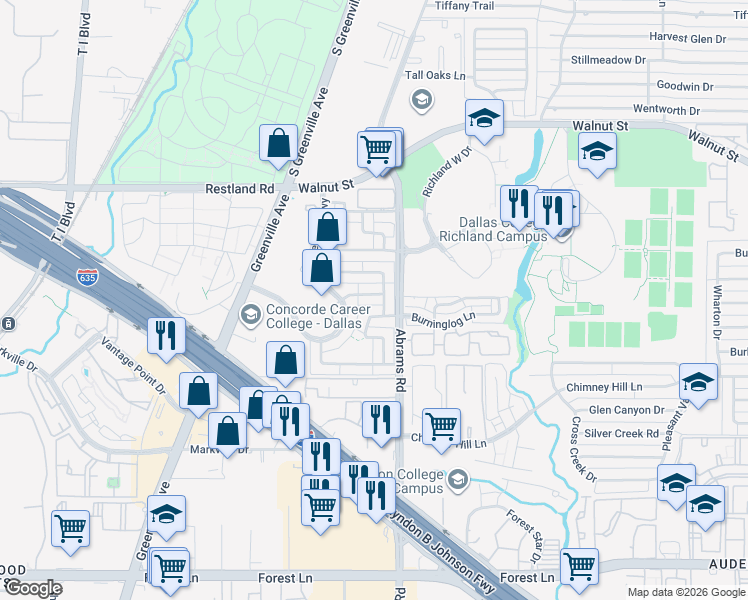 map of restaurants, bars, coffee shops, grocery stores, and more near 9326 Chimney Sweep Lane in Dallas