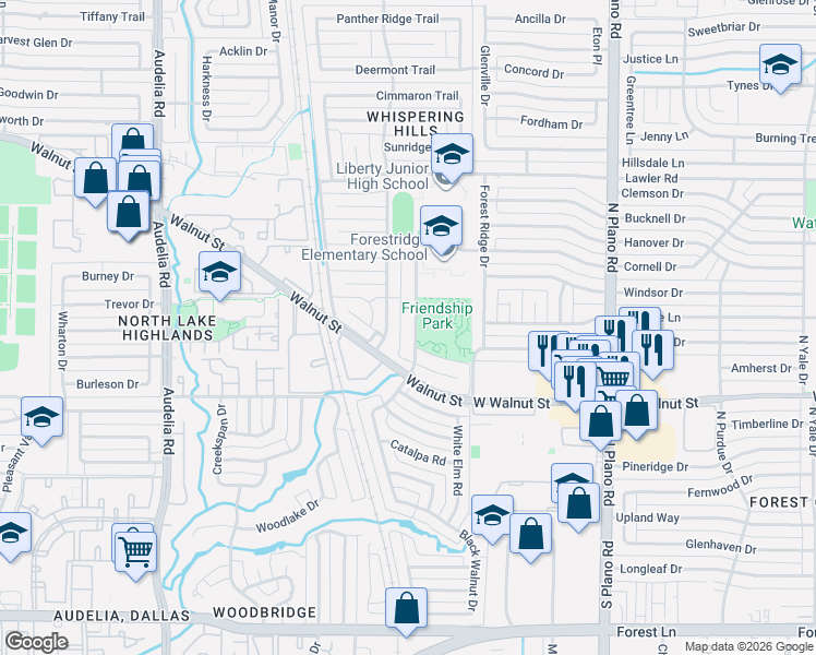 map of restaurants, bars, coffee shops, grocery stores, and more near 12605 Hornbeam Drive in Dallas