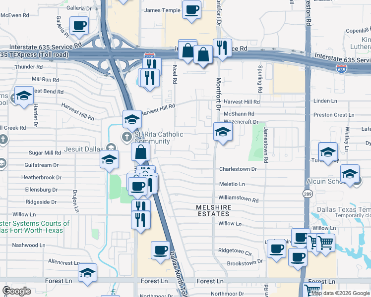 map of restaurants, bars, coffee shops, grocery stores, and more near 12432 Montego Plaza in Dallas
