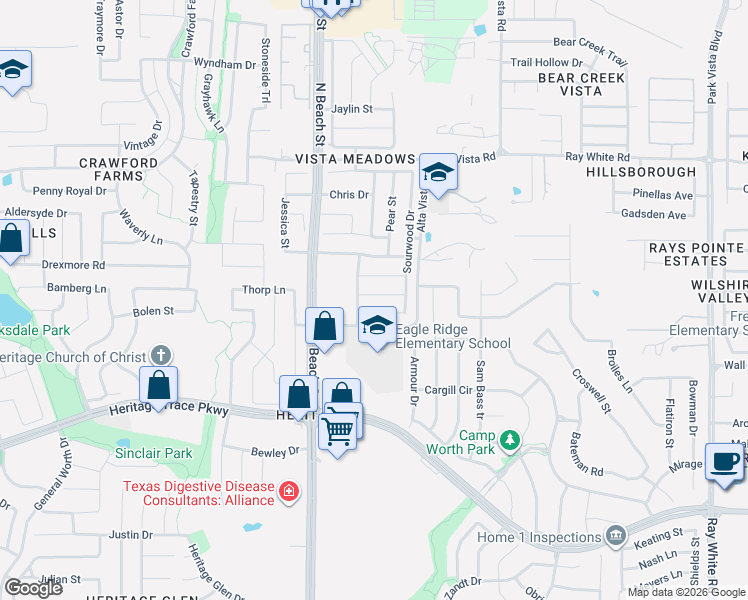 map of restaurants, bars, coffee shops, grocery stores, and more near 4612 Keith Drive in Fort Worth