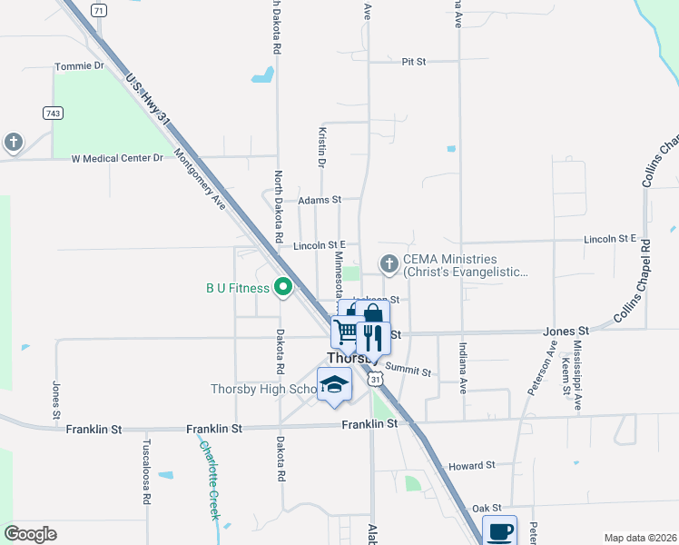 map of restaurants, bars, coffee shops, grocery stores, and more near 185 Minnesota Avenue in Thorsby