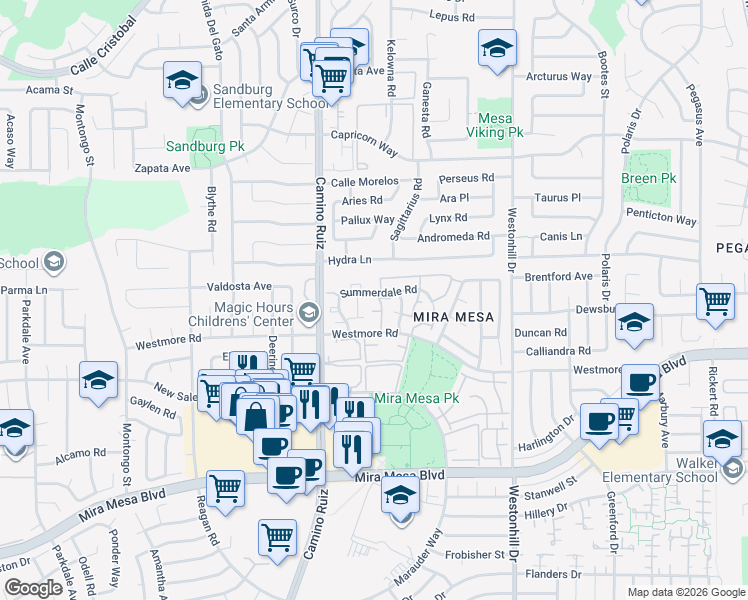 map of restaurants, bars, coffee shops, grocery stores, and more near 8503 Summerdale Road in San Diego