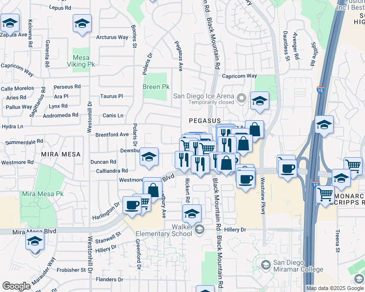 map of restaurants, bars, coffee shops, grocery stores, and more near 9109 Gemini Avenue in San Diego