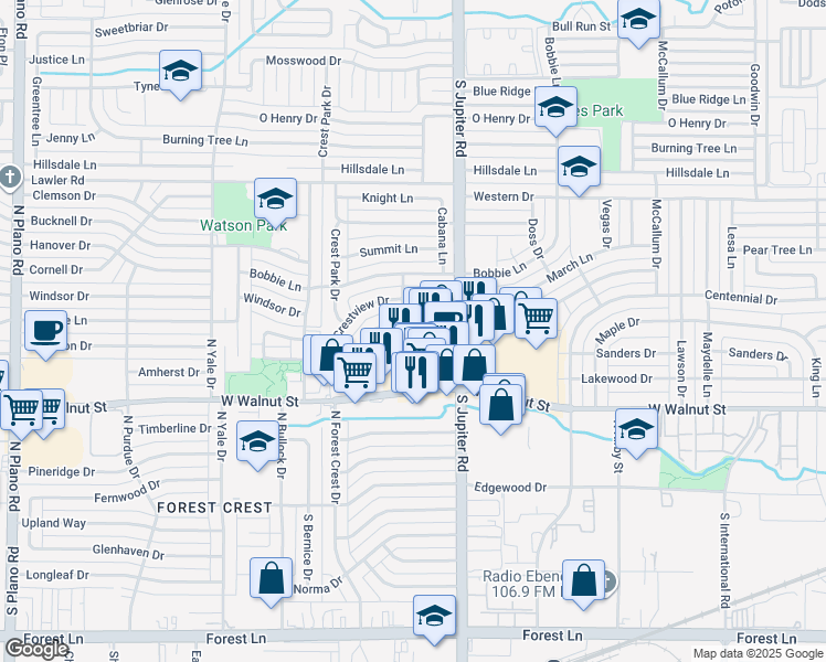 map of restaurants, bars, coffee shops, grocery stores, and more near 3606 Lariat Lane in Garland