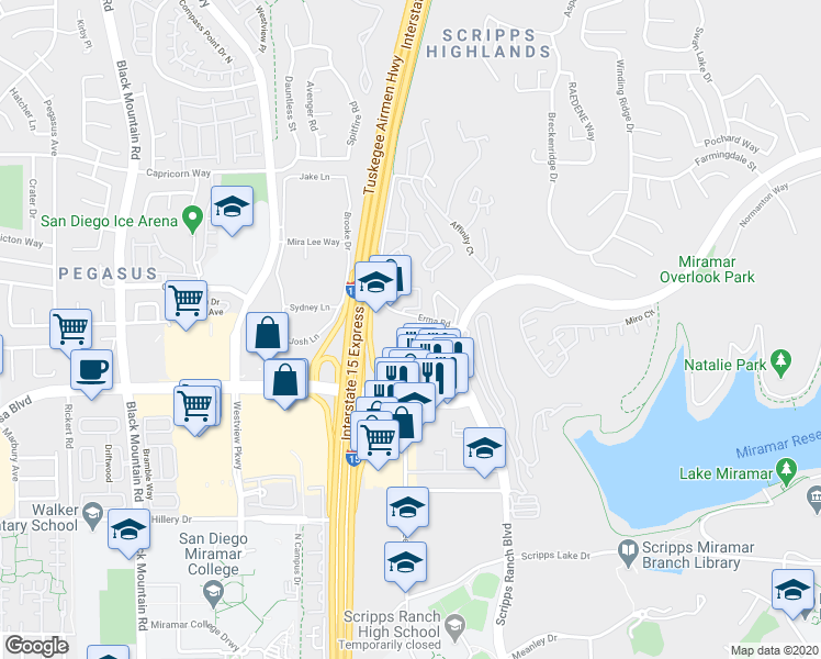 map of restaurants, bars, coffee shops, grocery stores, and more near 9865 Erma Road in San Diego