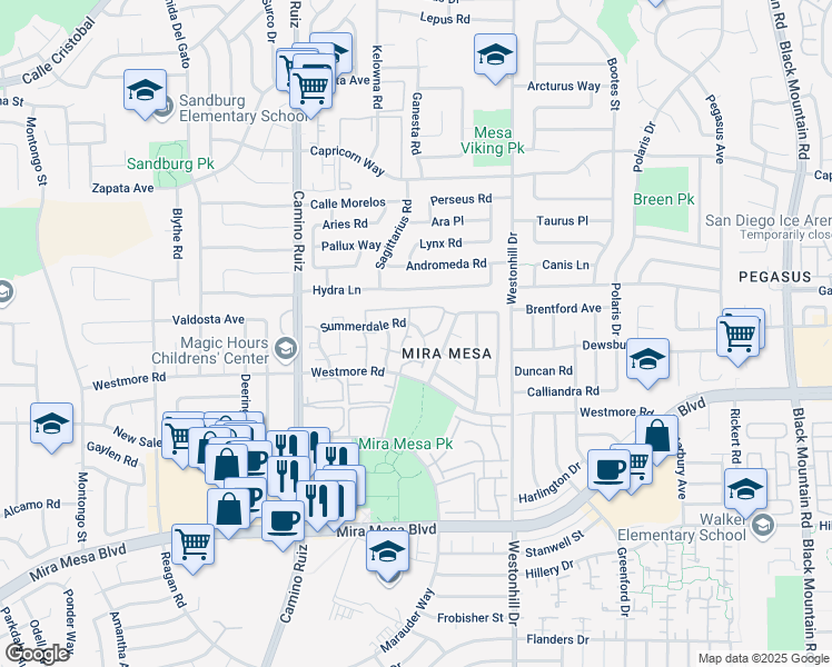 map of restaurants, bars, coffee shops, grocery stores, and more near 8535 Summerdale Road in San Diego