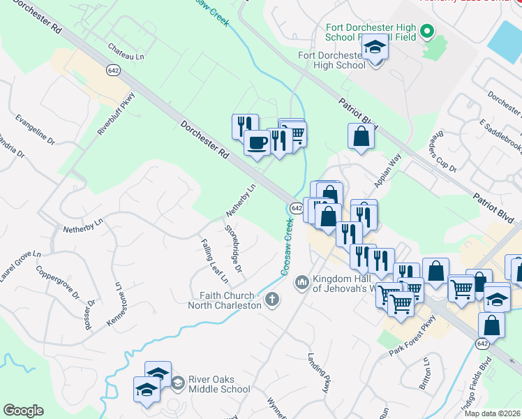 map of restaurants, bars, coffee shops, grocery stores, and more near 8601 Dorchester Road in North Charleston