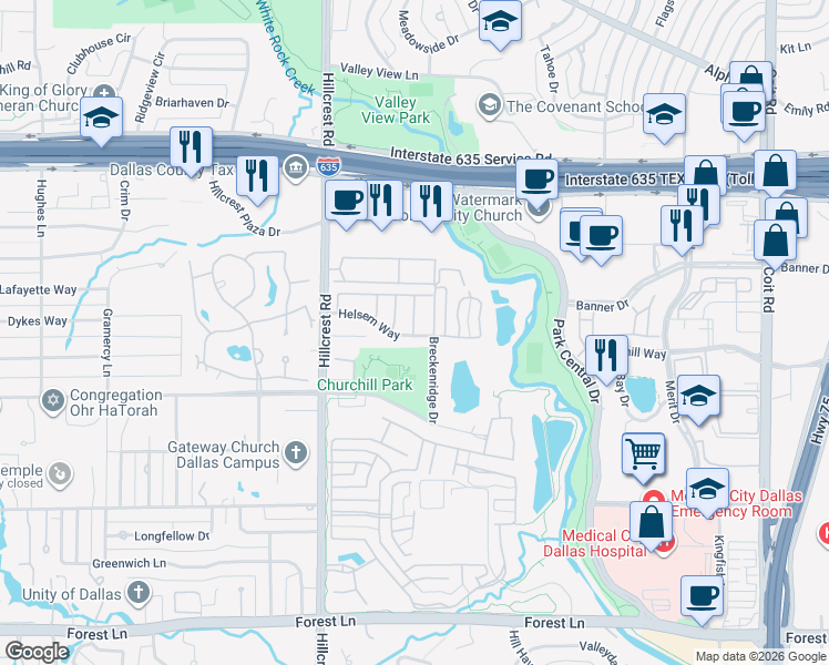 map of restaurants, bars, coffee shops, grocery stores, and more near 7035 Helsem Way in Dallas