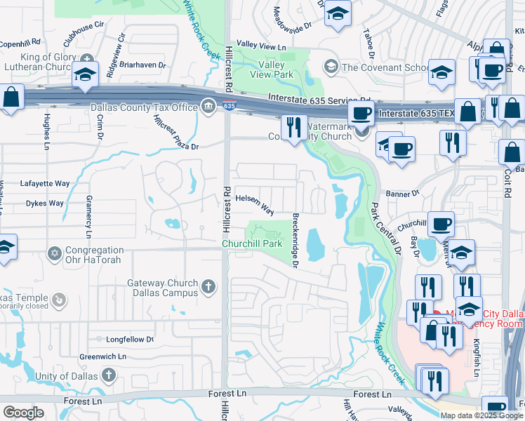 map of restaurants, bars, coffee shops, grocery stores, and more near 6910 Hill Park Drive in Dallas