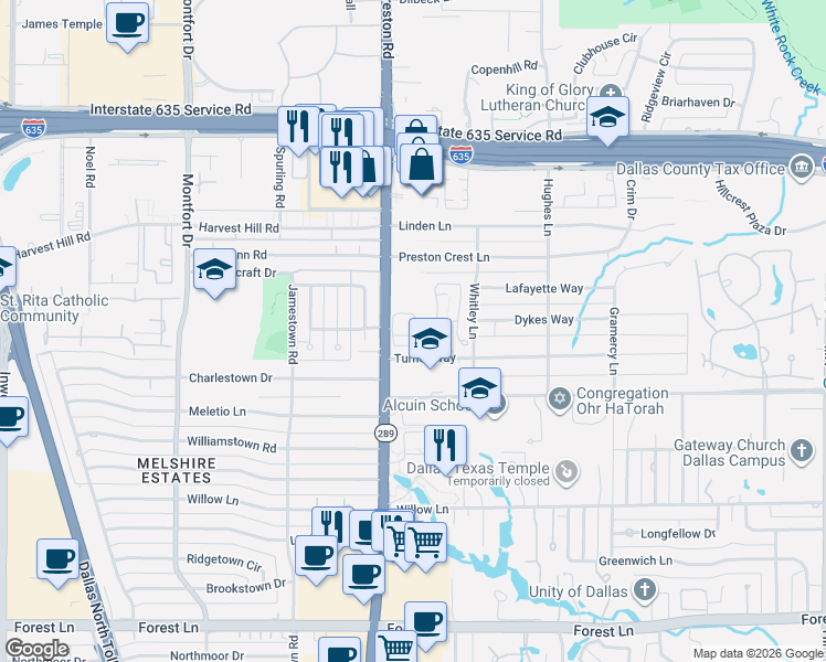 map of restaurants, bars, coffee shops, grocery stores, and more near 900001 Sunlight Drive in Dallas