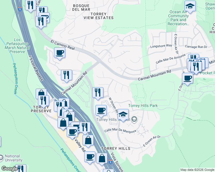map of restaurants, bars, coffee shops, grocery stores, and more near 3961 Corte Mar De Hierba in San Diego