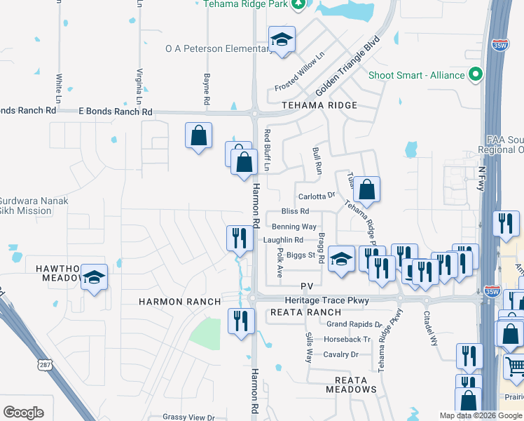 map of restaurants, bars, coffee shops, grocery stores, and more near 2036 Bliss Road in Fort Worth