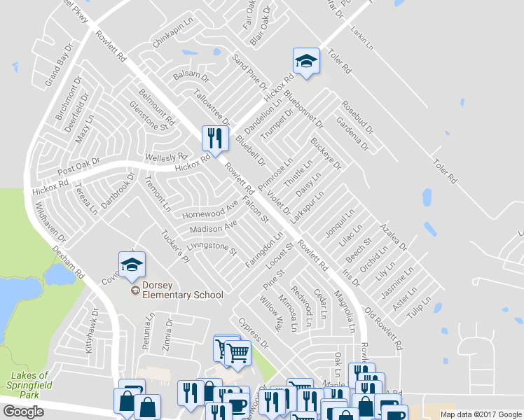 map of restaurants, bars, coffee shops, grocery stores, and more near 6610 Falcon Street in Rowlett