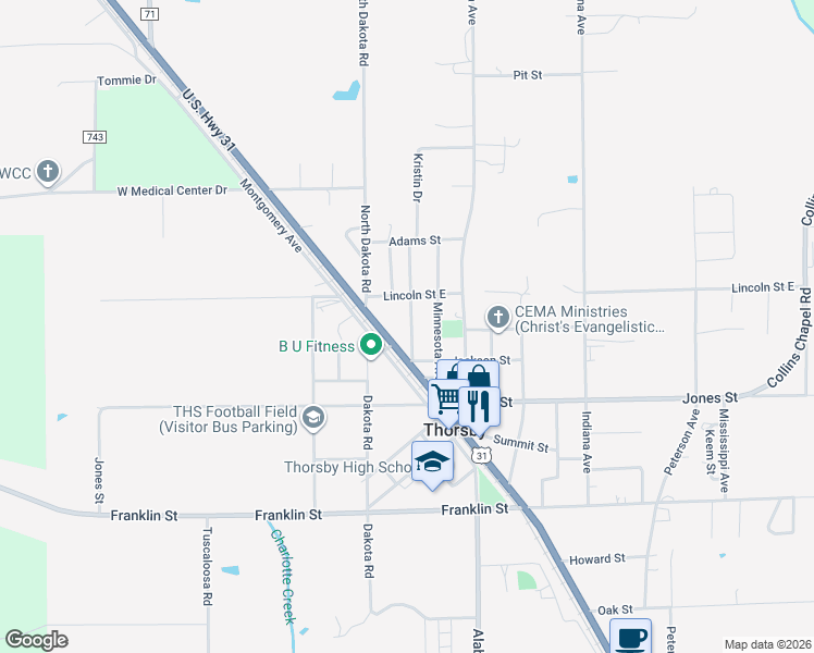 map of restaurants, bars, coffee shops, grocery stores, and more near 93 Montana Avenue in Thorsby