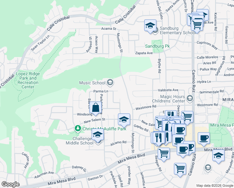 map of restaurants, bars, coffee shops, grocery stores, and more near 7831 Parma Lane in San Diego