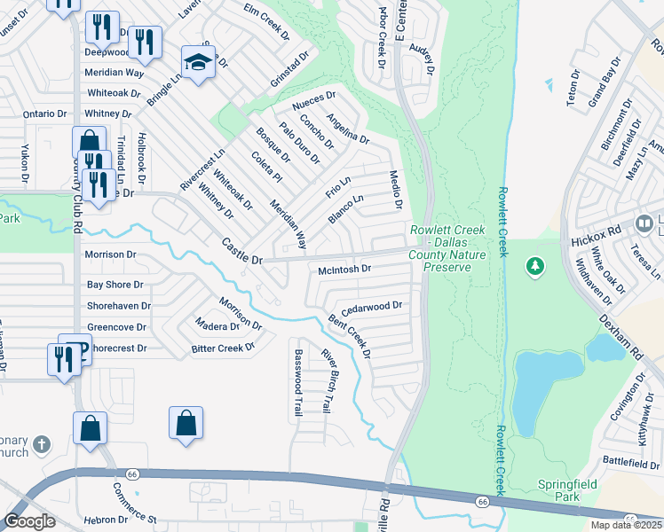 map of restaurants, bars, coffee shops, grocery stores, and more near 2155 McIntosh Drive in Garland