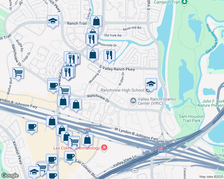 map of restaurants, bars, coffee shops, grocery stores, and more near 507 Poplar Lane in Irving