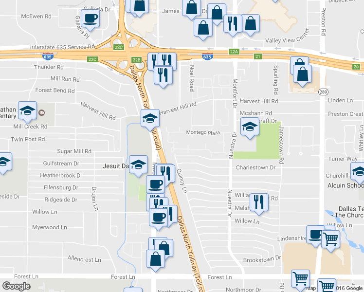 map of restaurants, bars, coffee shops, grocery stores, and more near 12462 Montego Plaza in Dallas