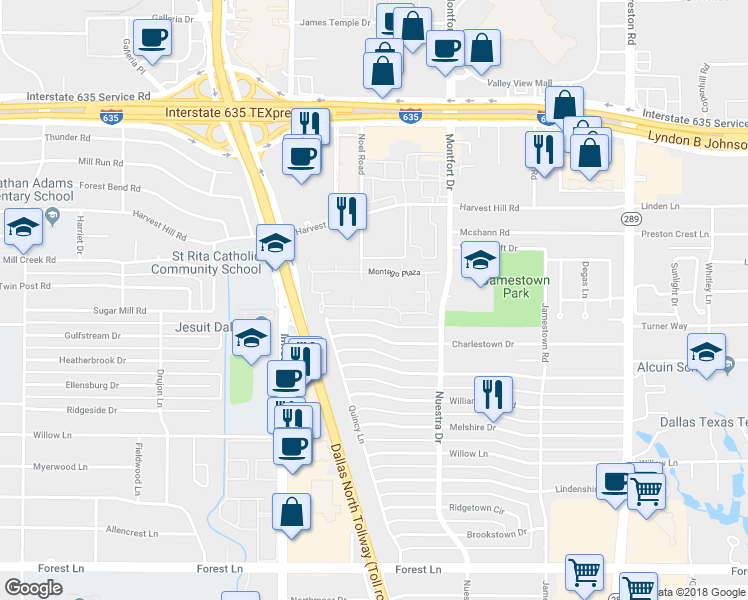 map of restaurants, bars, coffee shops, grocery stores, and more near 12432 Montego Plaza in Dallas