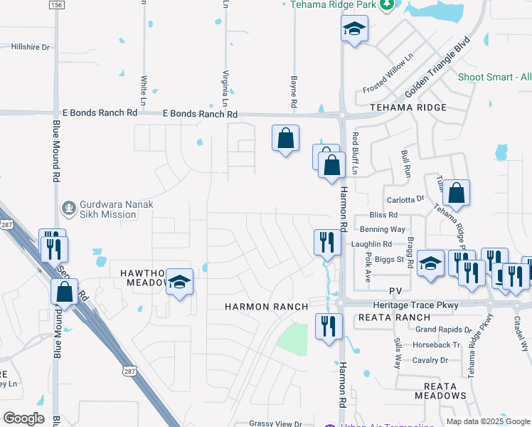 map of restaurants, bars, coffee shops, grocery stores, and more near Fiddleneck Street in Fort Worth