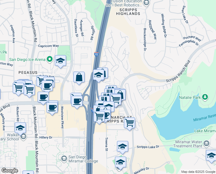 map of restaurants, bars, coffee shops, grocery stores, and more near 9865 Erma Road in San Diego
