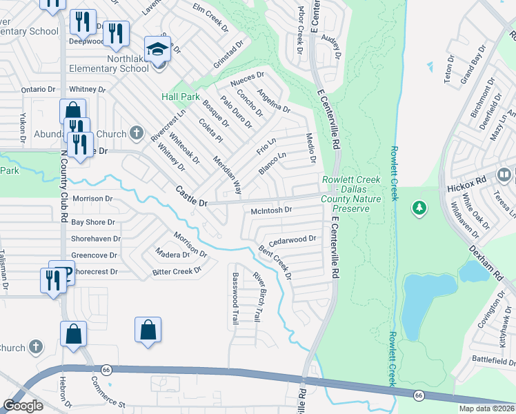 map of restaurants, bars, coffee shops, grocery stores, and more near 2155 McIntosh Drive in Garland