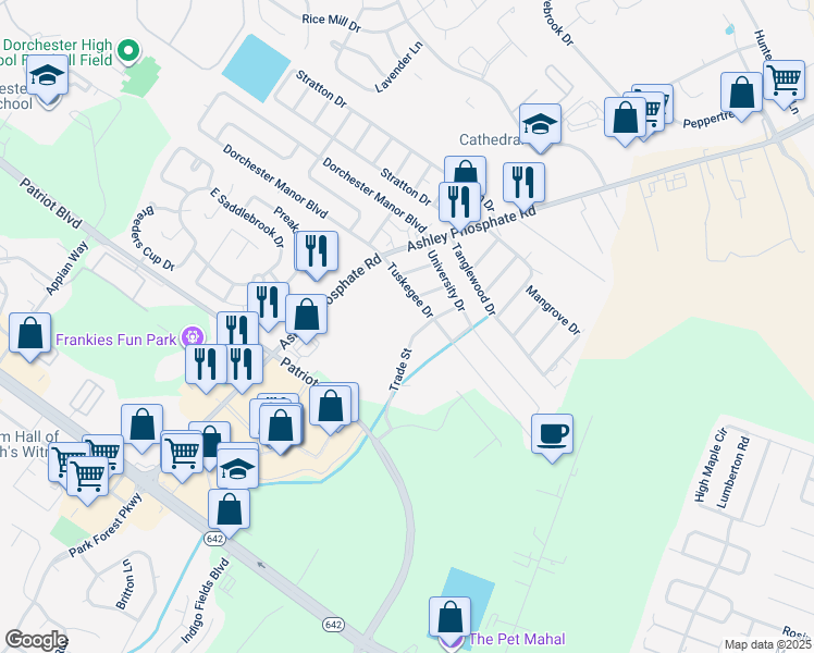 map of restaurants, bars, coffee shops, grocery stores, and more near 4716 Trade Street in North Charleston