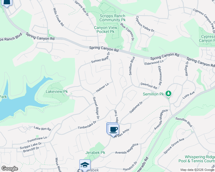 map of restaurants, bars, coffee shops, grocery stores, and more near 11855 Helmer Lane in San Diego