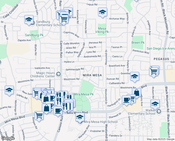 map of restaurants, bars, coffee shops, grocery stores, and more near 8535 Summerdale Road in San Diego