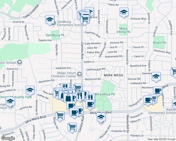 map of restaurants, bars, coffee shops, grocery stores, and more near 8455 Summerdale Road in San Diego
